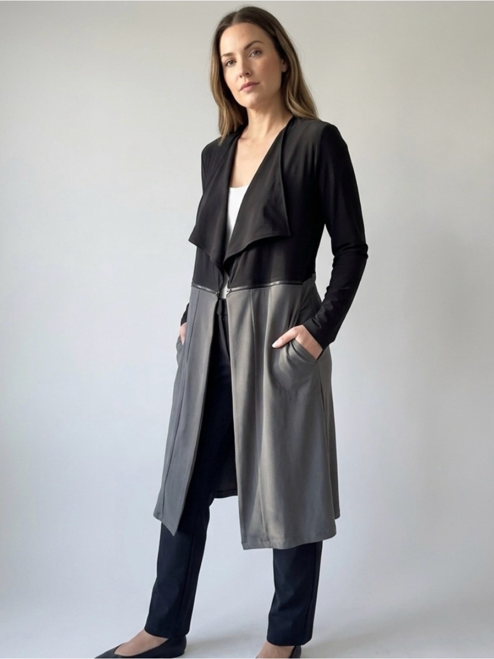 Compli K Colorblock Open Front Duster Cardigan Jacket Black Gray Size S